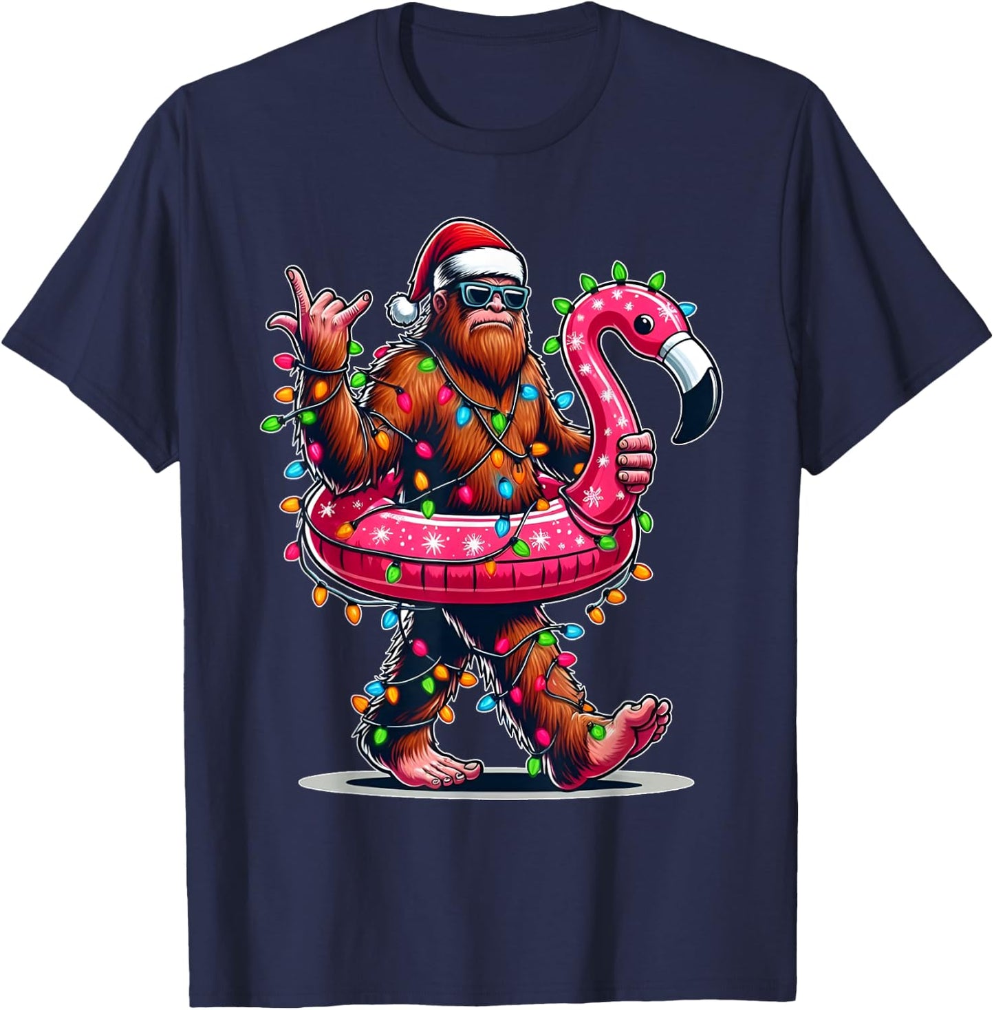 Santa Bigfoot Flamingo Christmas Light Funny Rock Sasquatch T-Shirt - T-Shirt | Navy