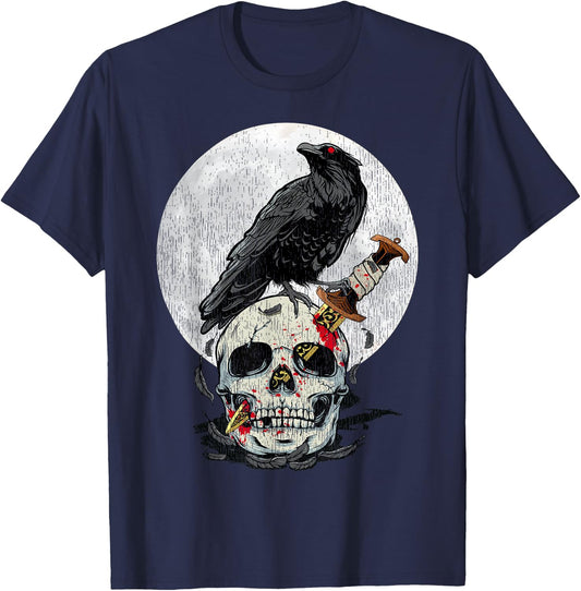 Bird Lover Vintage Crow Skull Moon Raven Gothic T-Shirt - T-Shirt | Navy