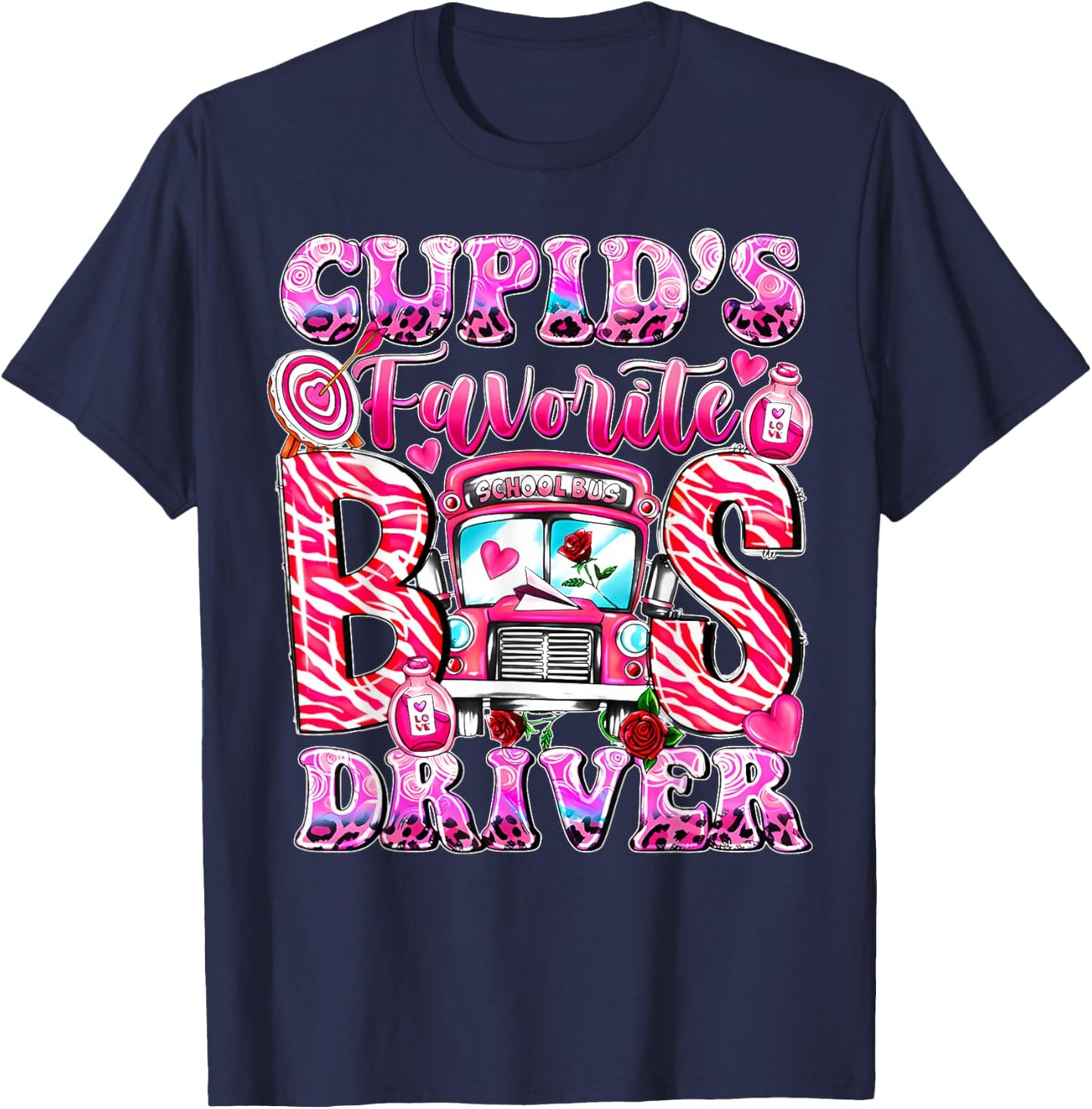 Groovy Cupid's Favorite School Bus Driver Valentine's Day T-Shirt - T-Shirt | Navy