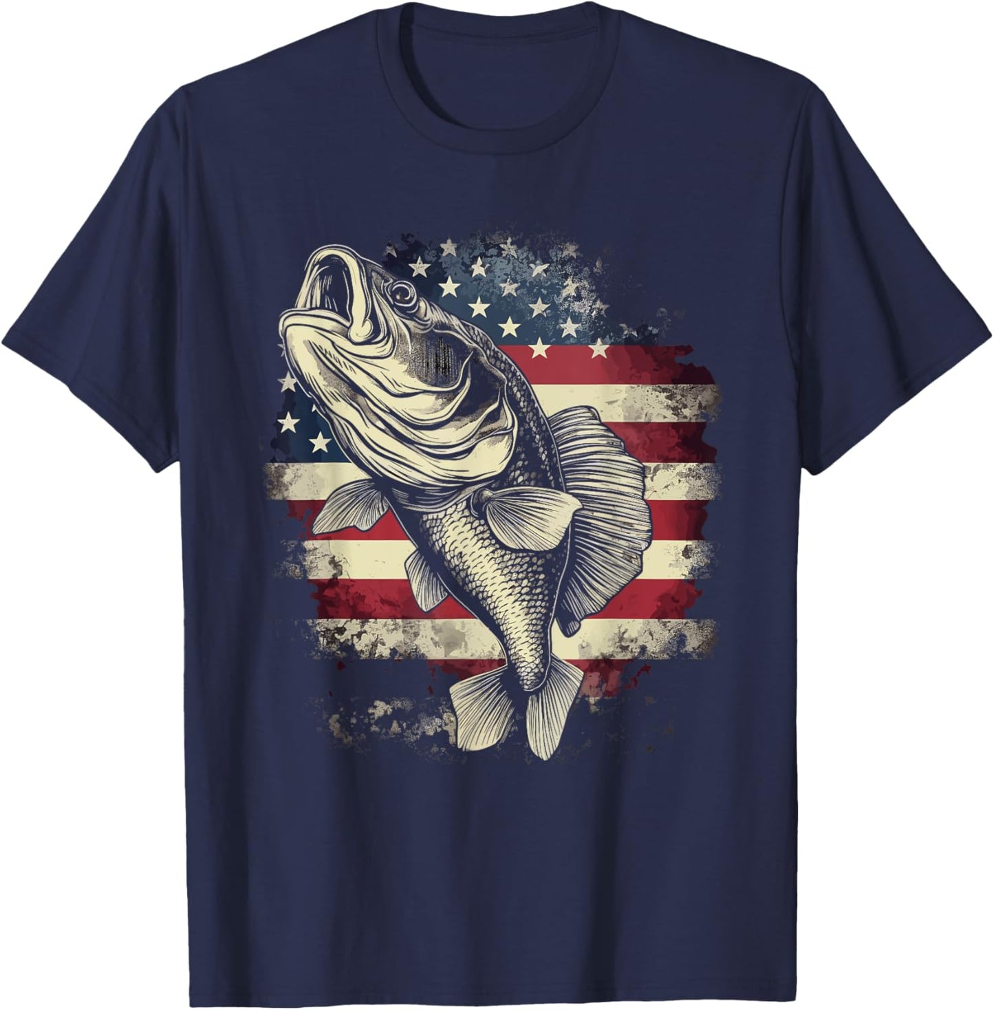 Patriotic Fishing 4th of July Men American Flag Bass Fishing T-Shirt - T-Shirt | Navy