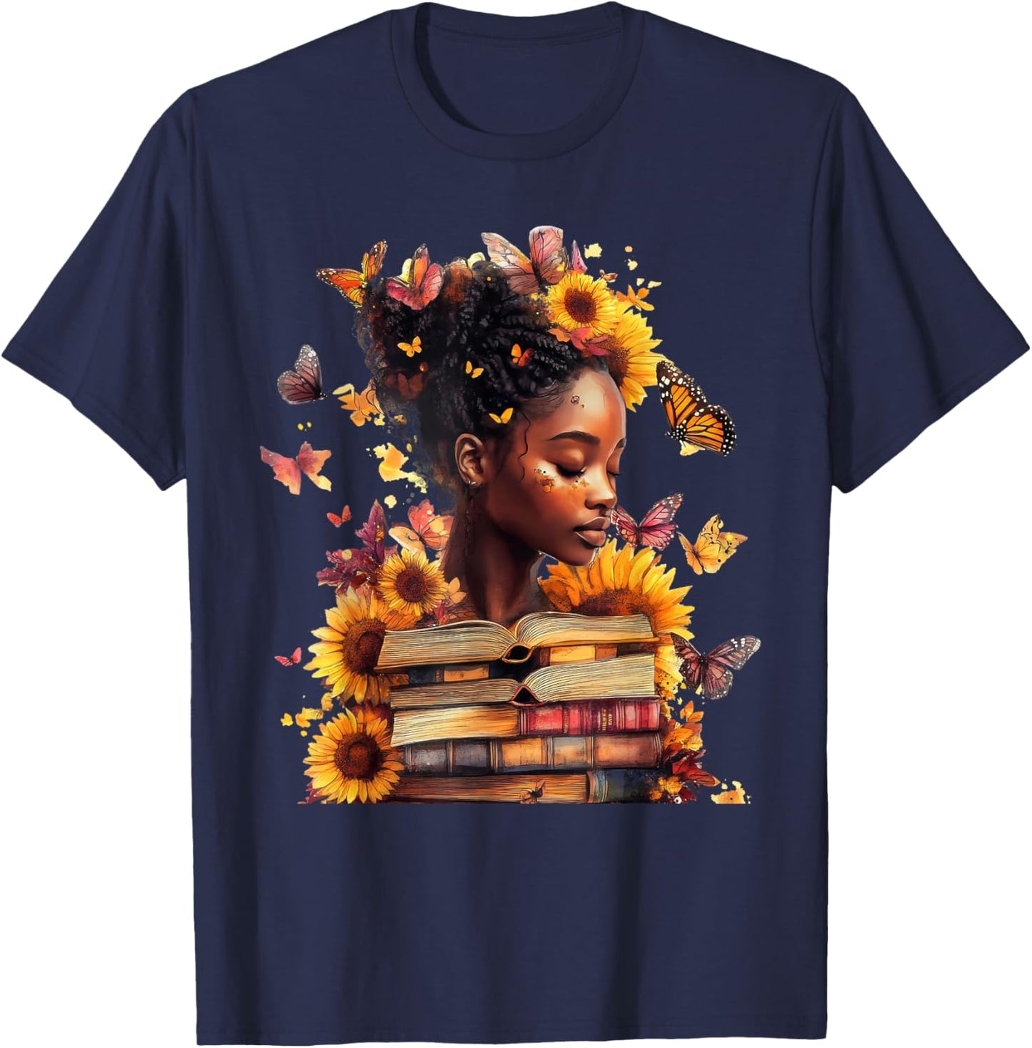 Queen Melanin Black Women Butterfly Sunflower Black History T-Shirt - T-Shirt | Navy