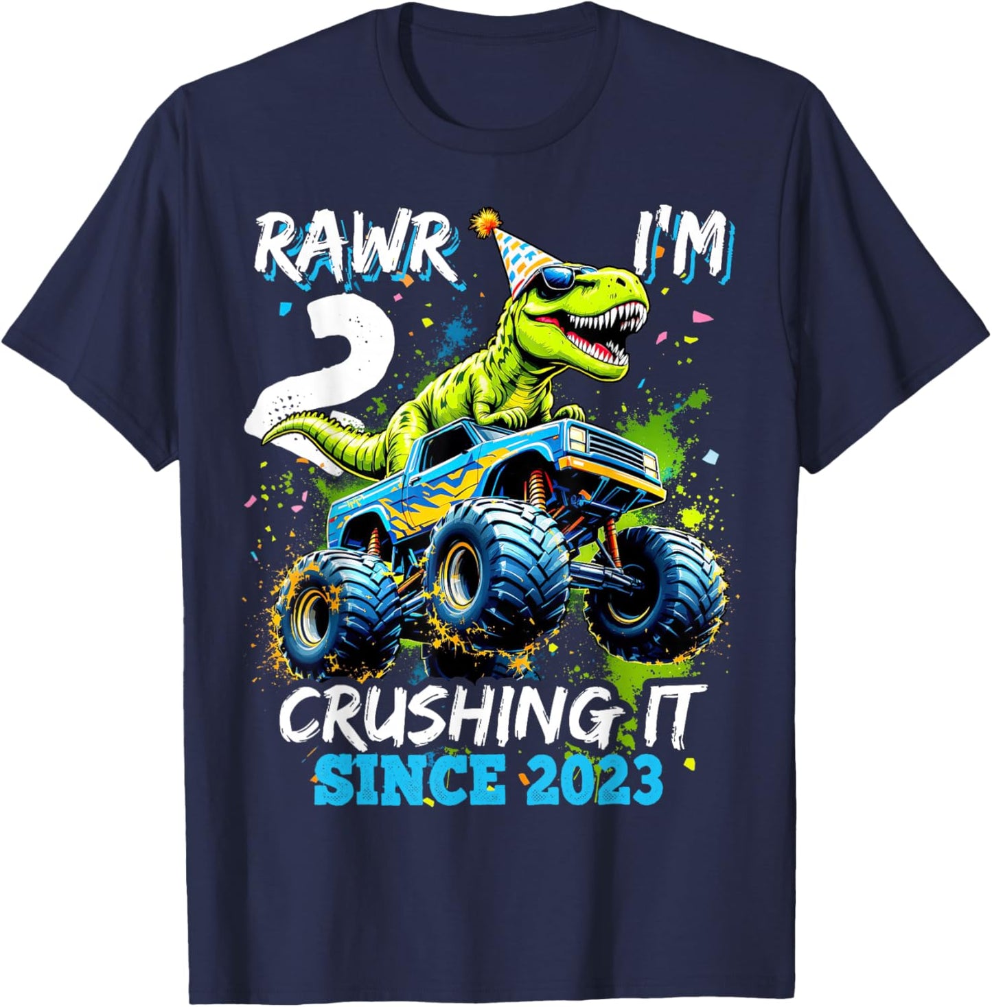 2nd Birthday Monster Truck Dinosaur Party Boys Rawr I'm 2 T-Shirt - T-Shirt | Navy