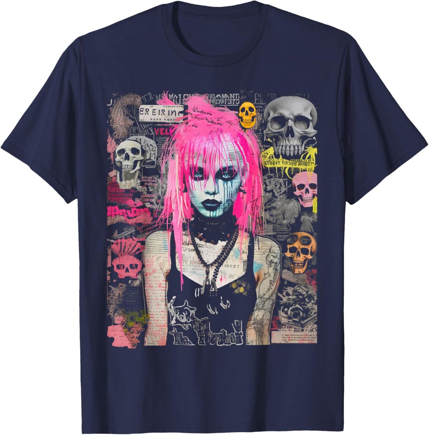 Pink Hair Punk Goth Witch With Skull Collage Background T-Shirt - T-Shirt | Navy