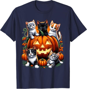 Cat Pumpkin Halloween Retro Floral Spooky Men Women Kids T-Shirt - T-Shirt | Navy