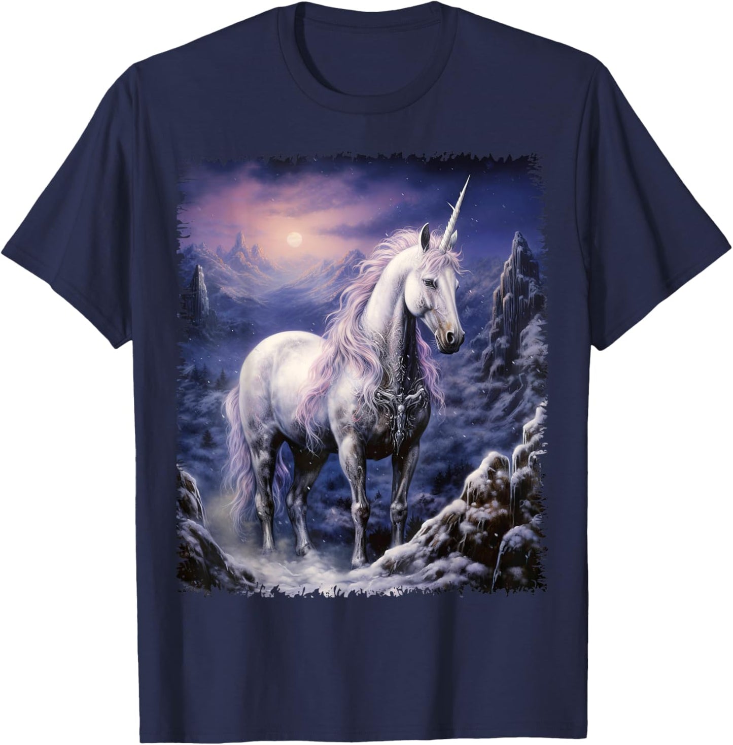Fantasy white Unicorn standing in the snowy forest T-Shirt - T-Shirt | Navy
