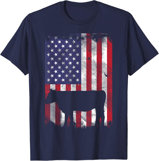 American Flag Cow Vintage Farm Animal Patriotic Farmer Gift T-Shirt - T-Shirt | Navy