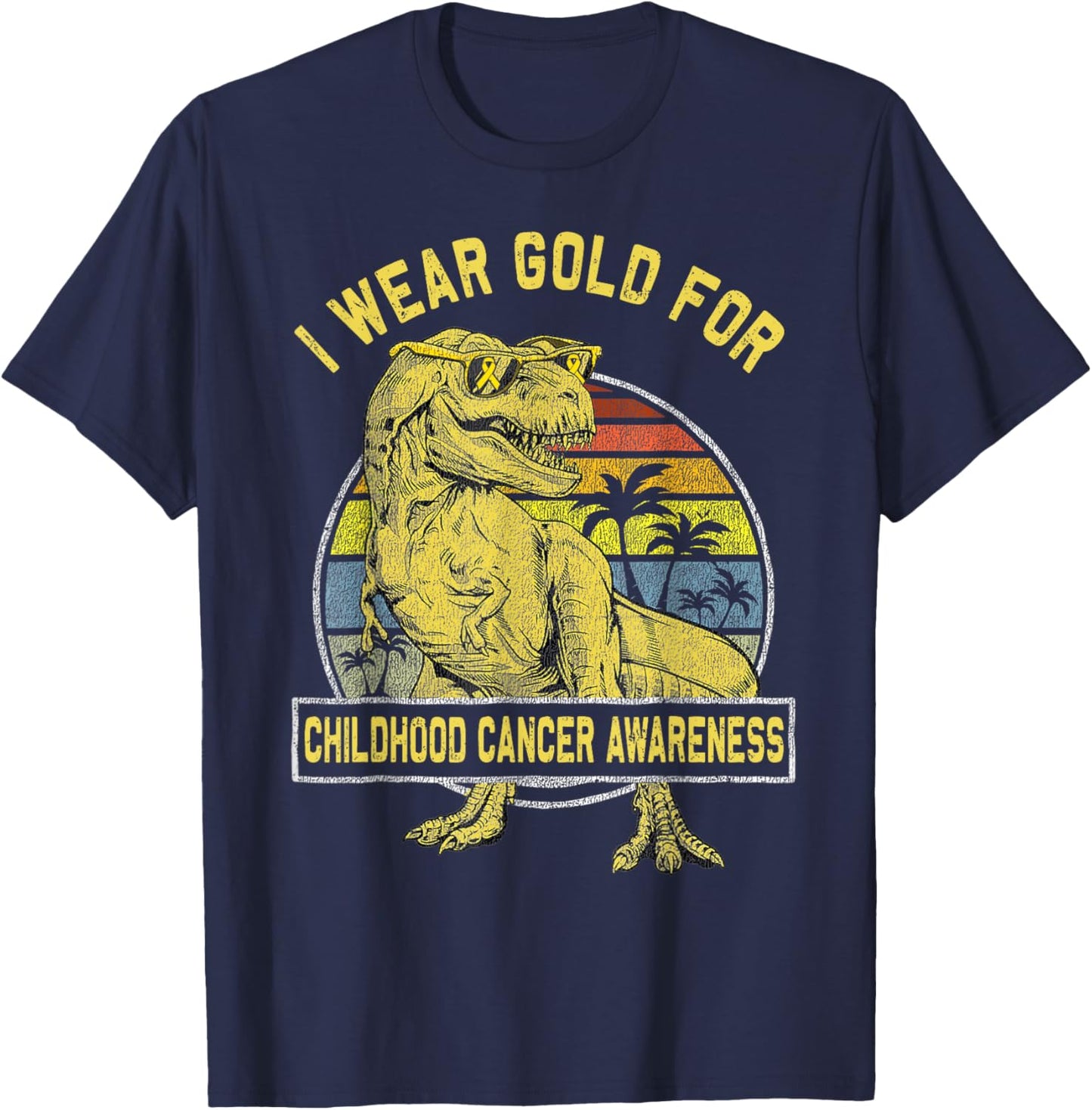 I Wear Gold For Childhood Cancer Awareness Dinosaur Boys T-Shirt - T-Shirt | Navy