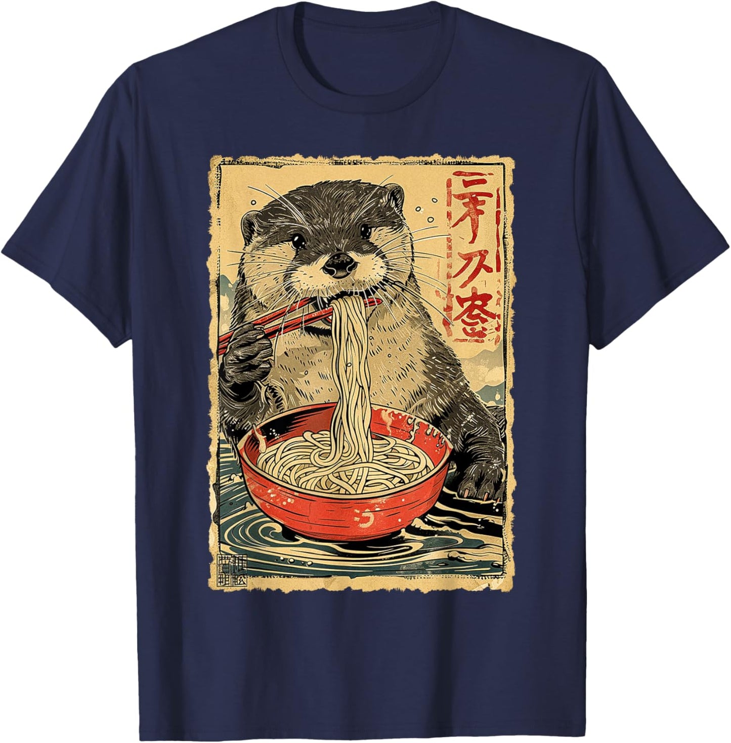 Funny Vintage Japanese Art Otter Eating Ramen Noodles Kids T-Shirt - T-Shirt | Navy