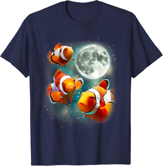 Three Clownfish Moon | Tropical Ocean Marine Clown Fish T-Shirt - T-Shirt | Navy