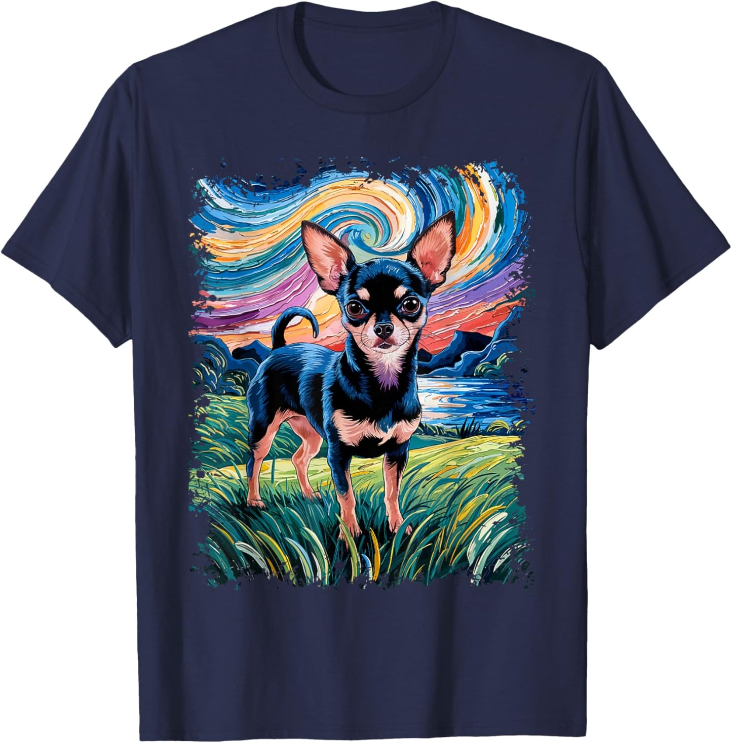 Black and Tan Smooth Chihuahua Starry Night Dog T-Shirt - T-Shirt | Navy