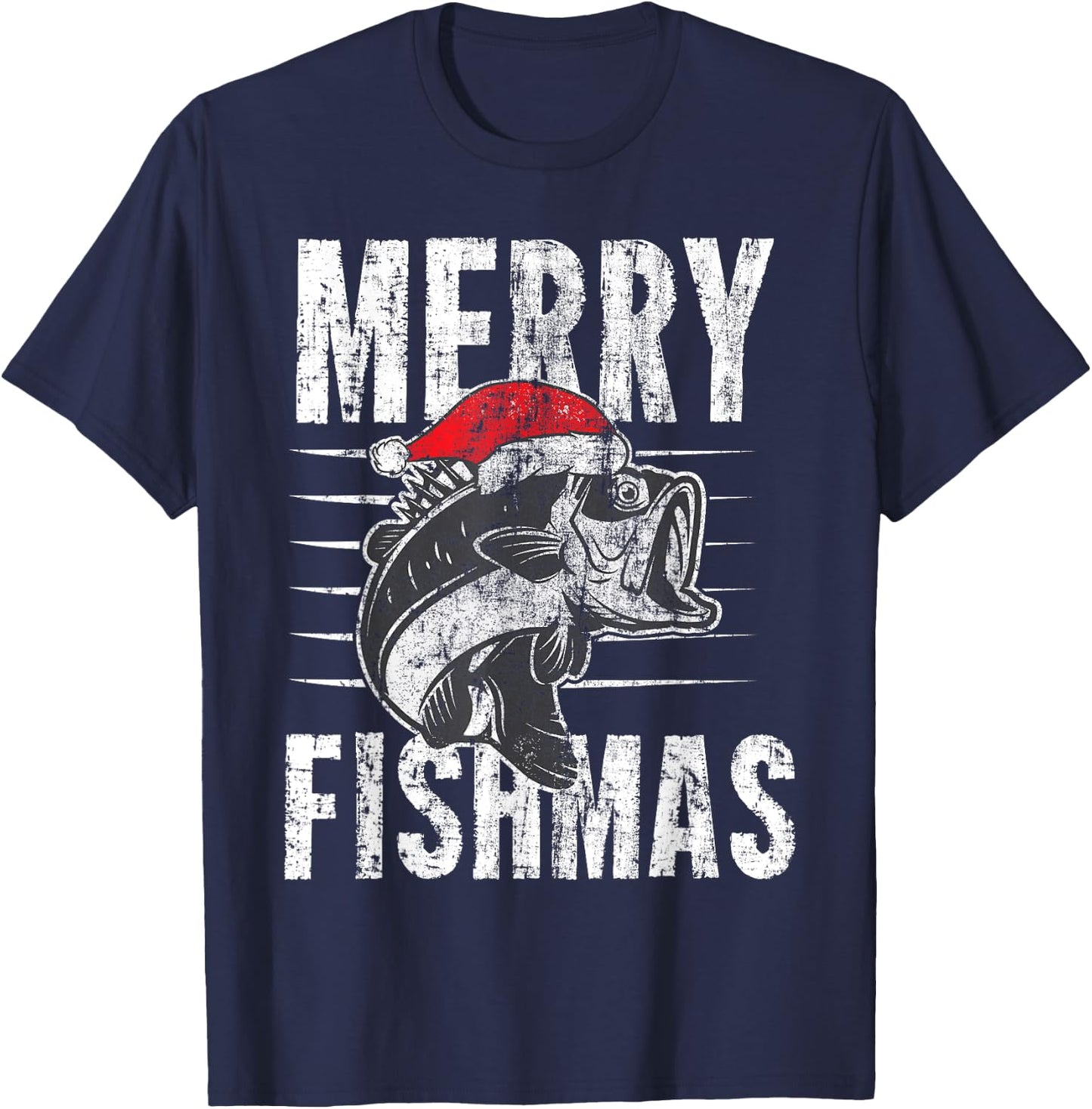 Merry Fishmas Funny Christmas Fishing Distressed Gift T-Shirt - T-Shirt | Navy
