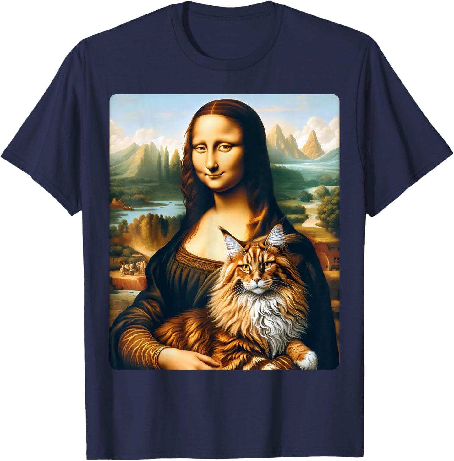 Mona Lisa's Feline Companion: Maine Coon Cat Artwork Women Kids T-Shirt - T-Shirt | Navy