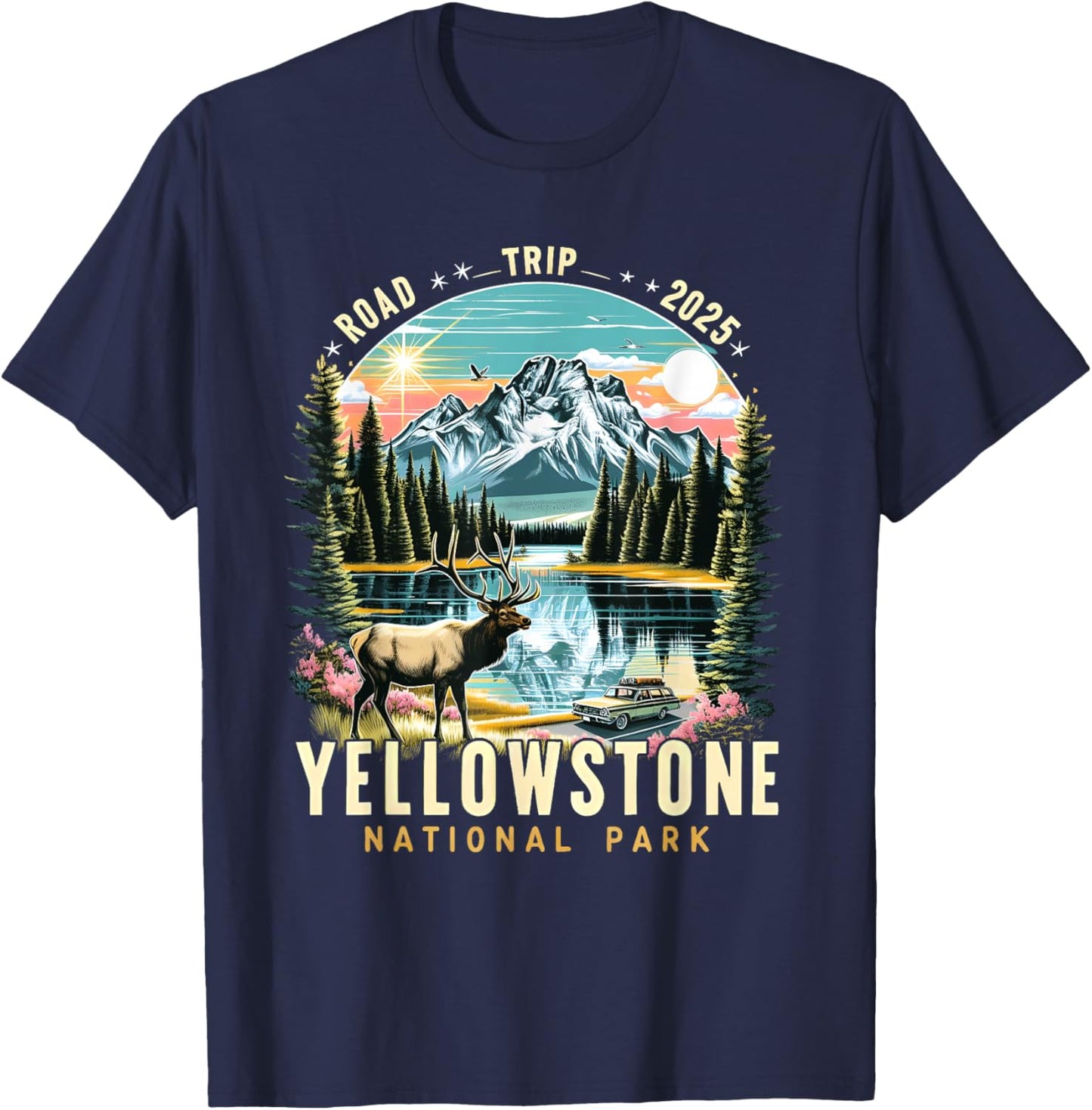 Yellowstone Road Trip 2025 Nature Adventure Souvenir Graphic T-Shirt - T-Shirt | Navy
