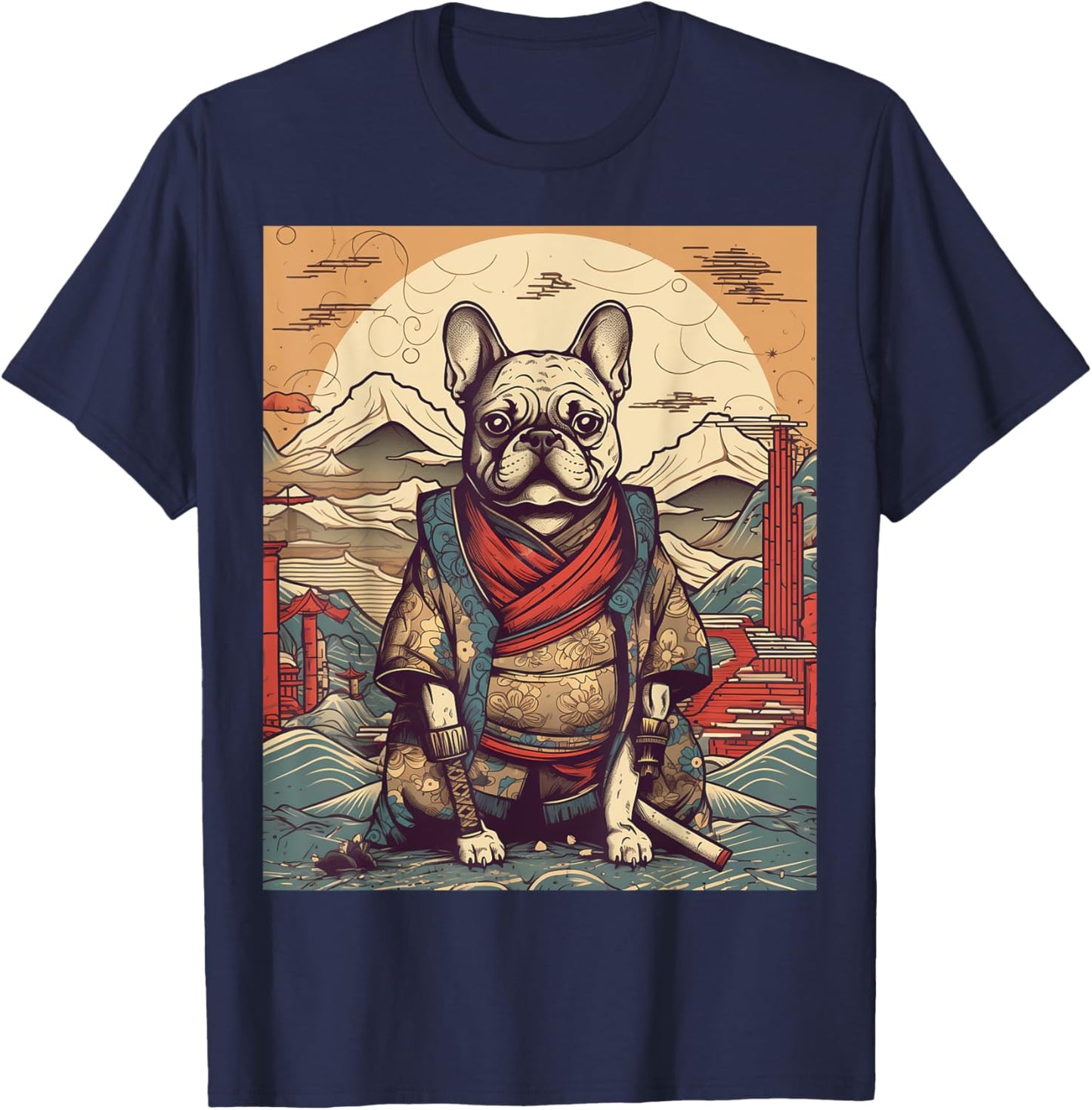 Vintage Japanese Art Samurai French Bulldog T-Shirt - T-Shirt | Navy