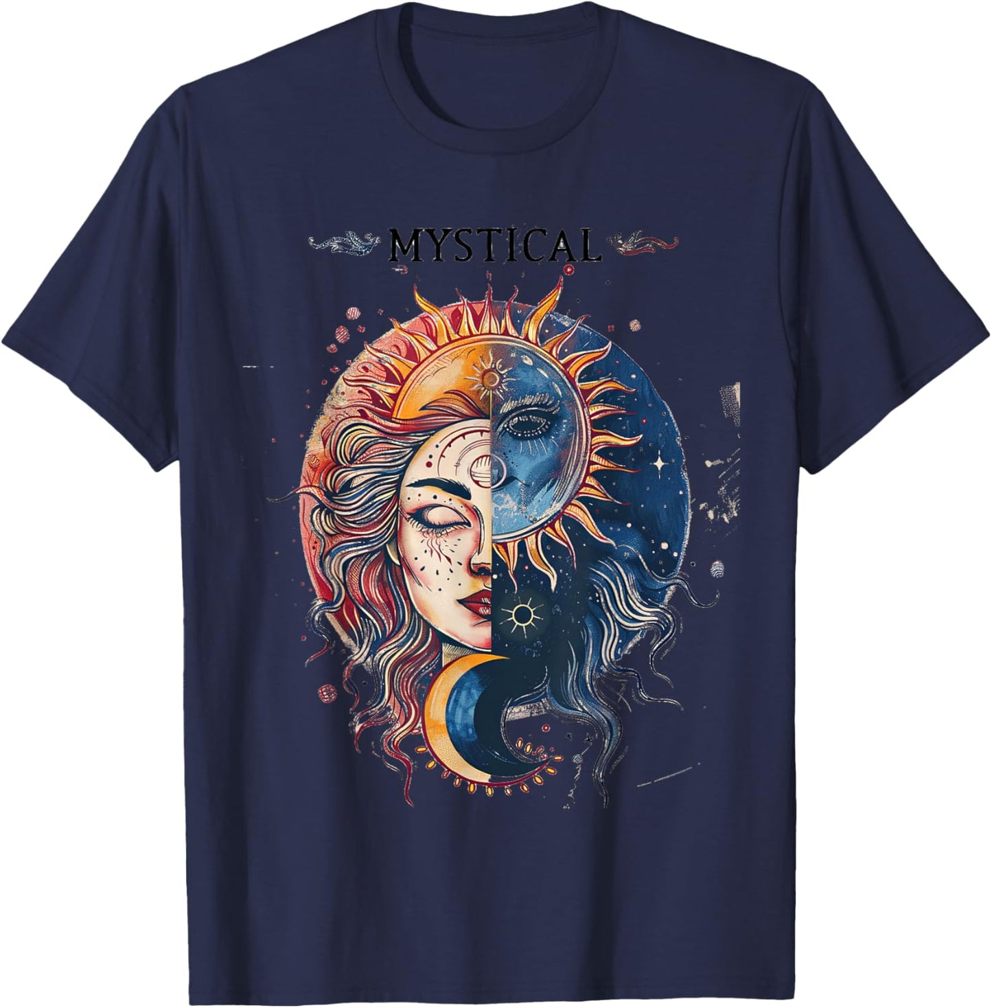 Mystical Sun and Moon Woman Mystic Flowers Aesthetic T-Shirt - T-Shirt | Navy