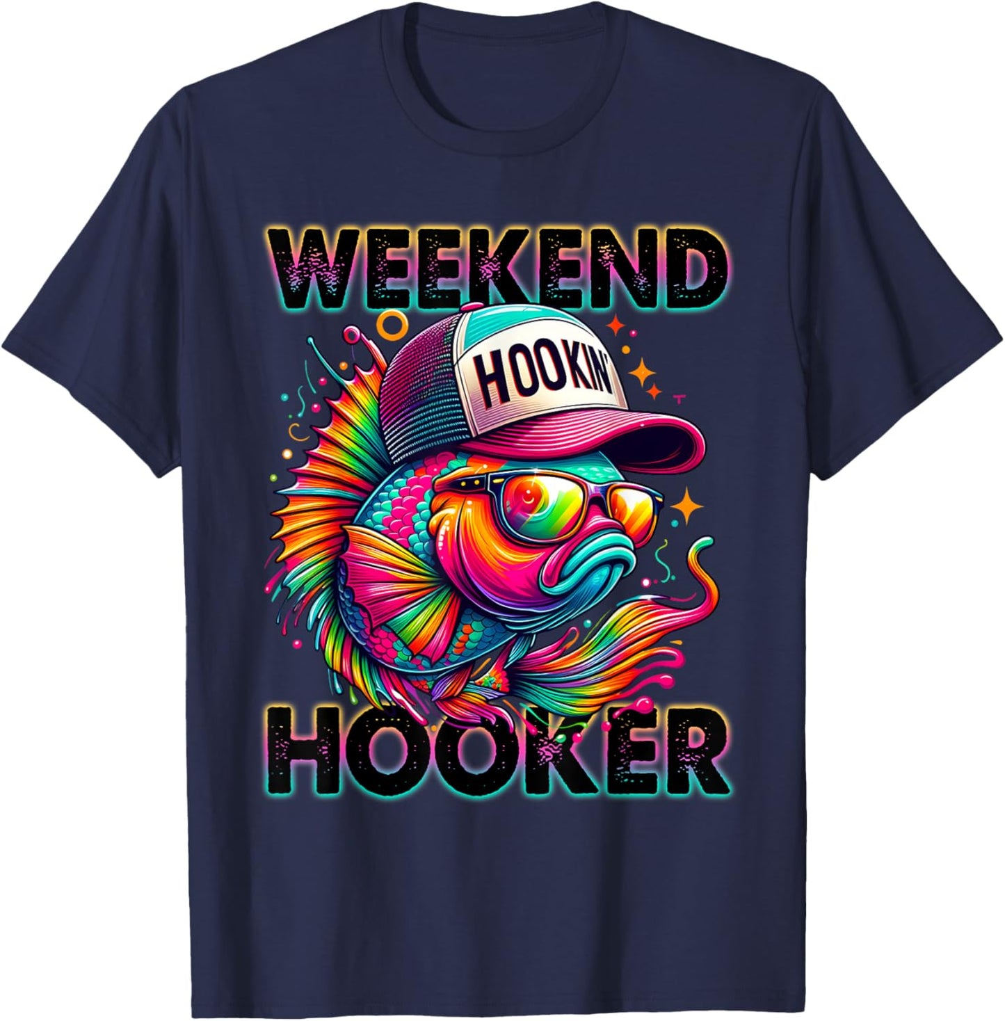 Weekend Hooker Funny Fishing Colorful Tie Dye Seabass Fish T-Shirt - T-Shirt | Navy
