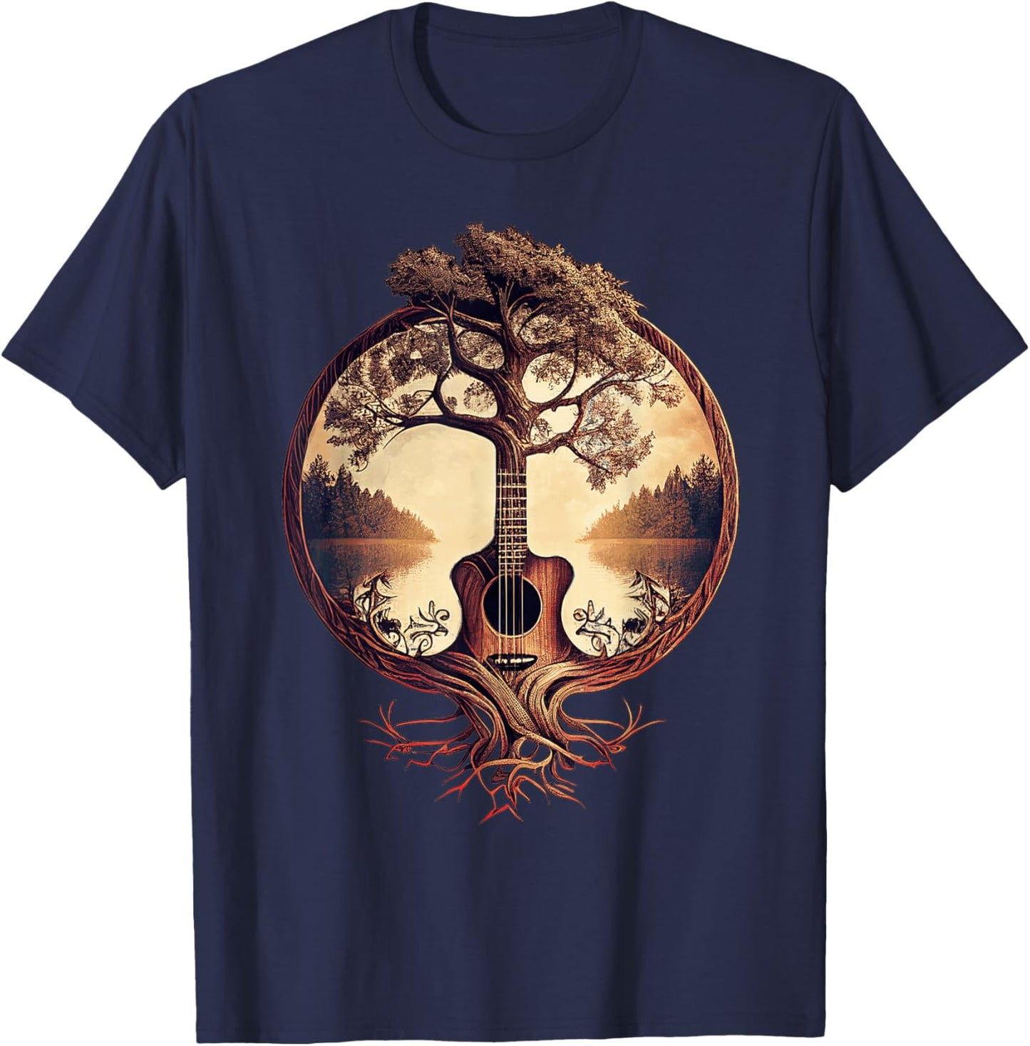 Acoustic Guitar Tree by The Lake Guitarist Small T-Shirt - T-Shirt | Navy