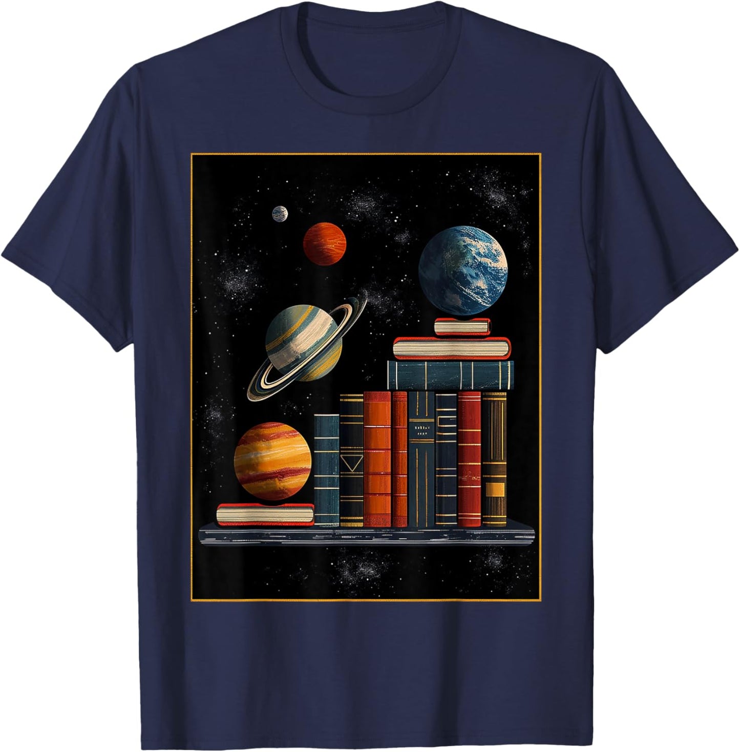 Book Planets Illustration Graphic Fantasy Art T-Shirt - T-Shirt | Navy