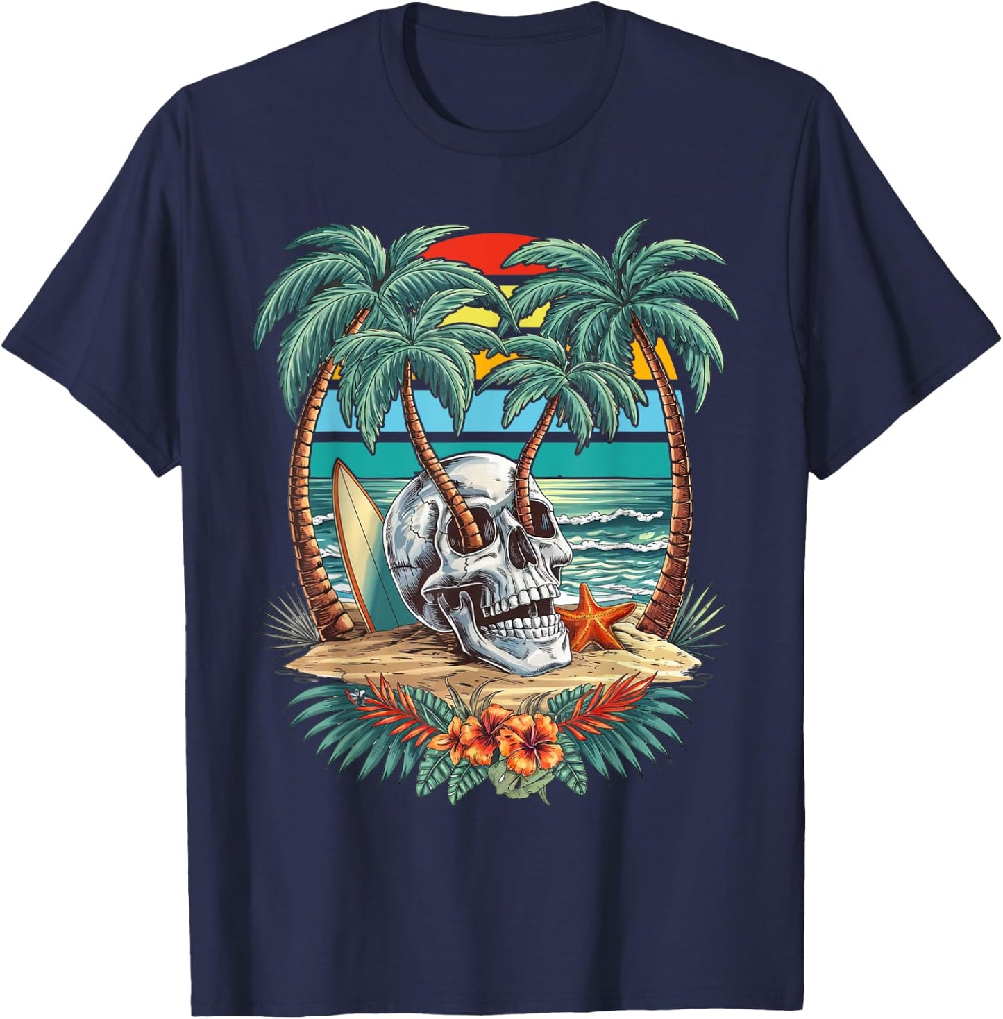 Vintage Palm Tree Skull Summer Beach Men Motorcycle Tattoo T-Shirt - T-Shirt | Navy