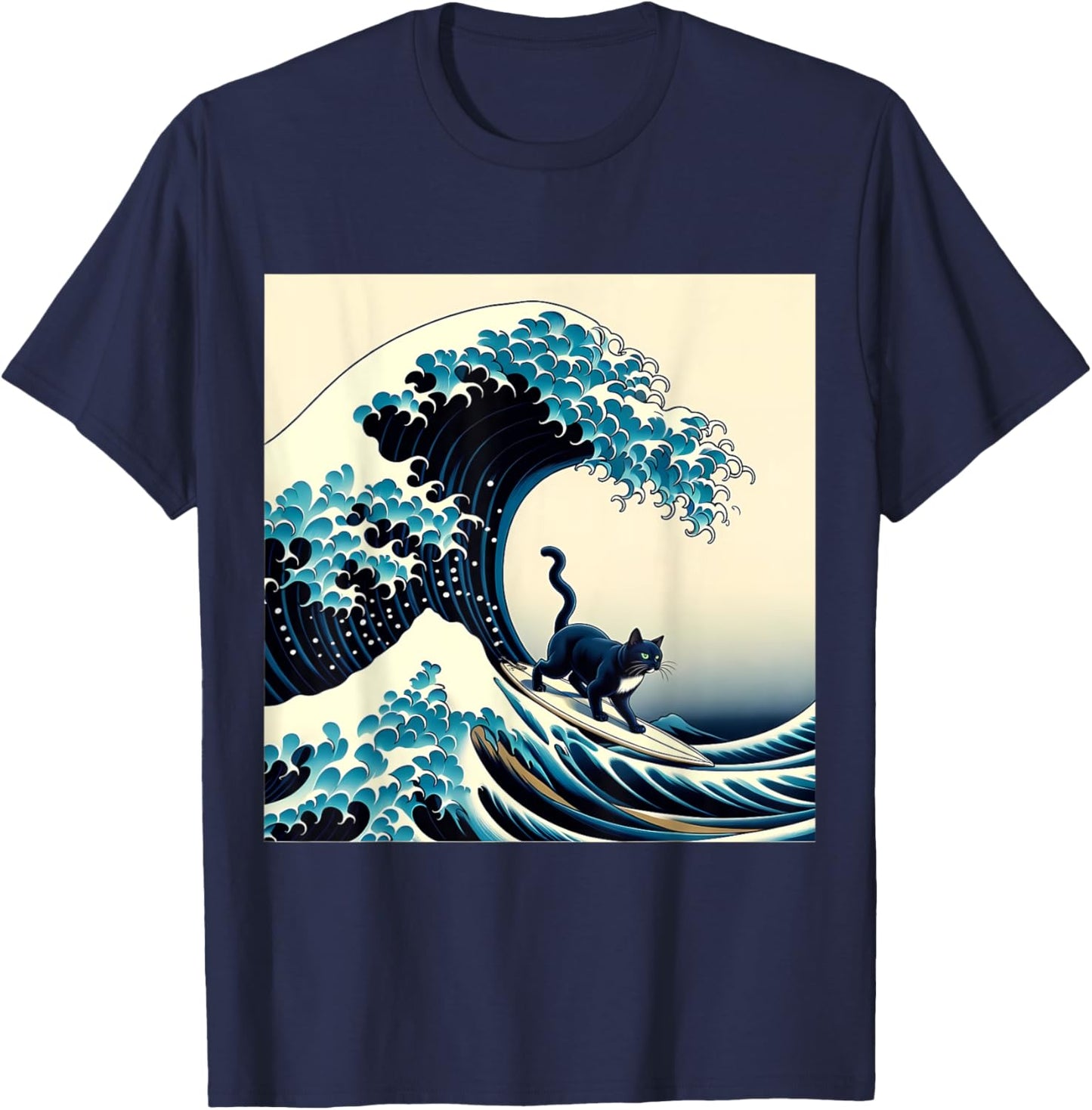 Black Cat With Surf Surfing The Great Wave Men Women Kids T-Shirt - T-Shirt | Navy