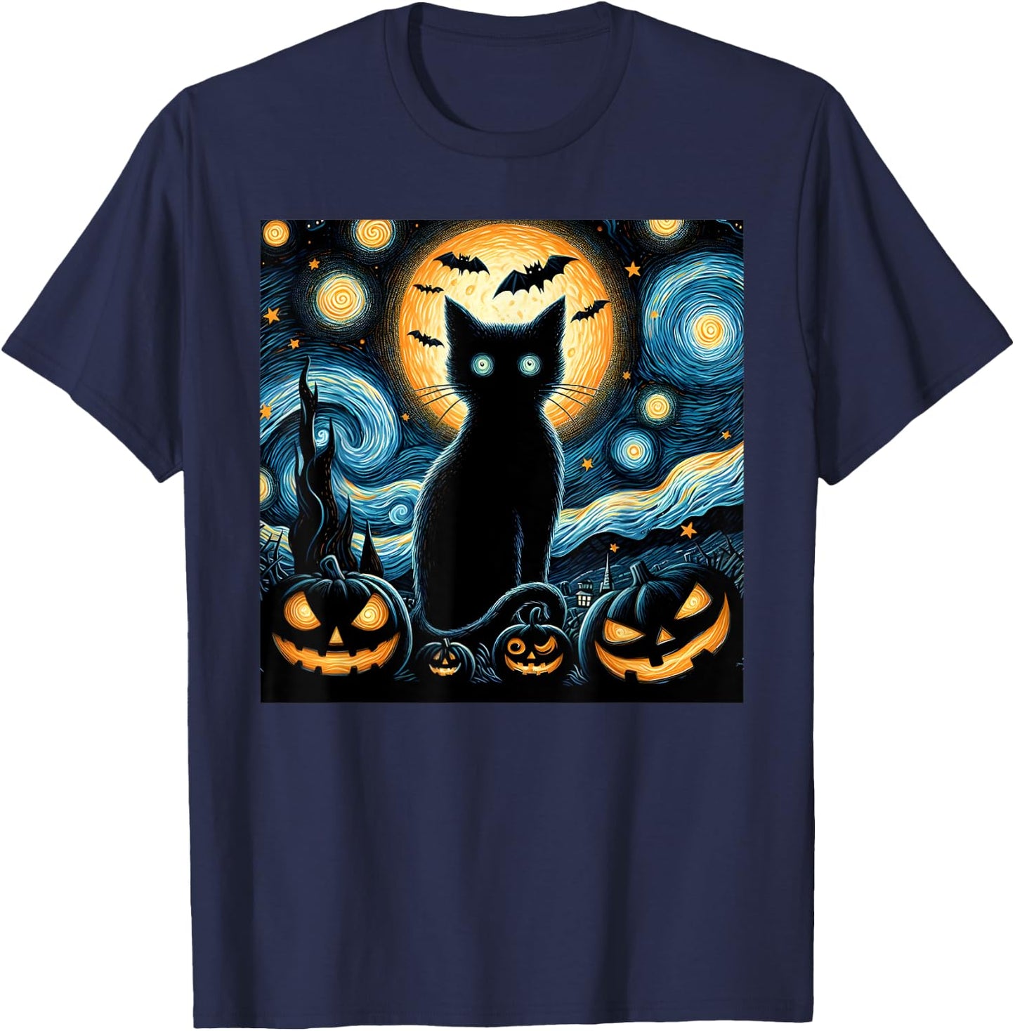 Halloween Starry Night Black Cat Van Gogh Halloween Cat Women Kids T-Shirt - T-Shirt | Navy