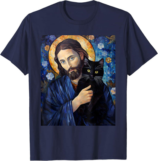 Black Cat Jesus Shirts Funny Christian T-Shirt - T-Shirt | Navy