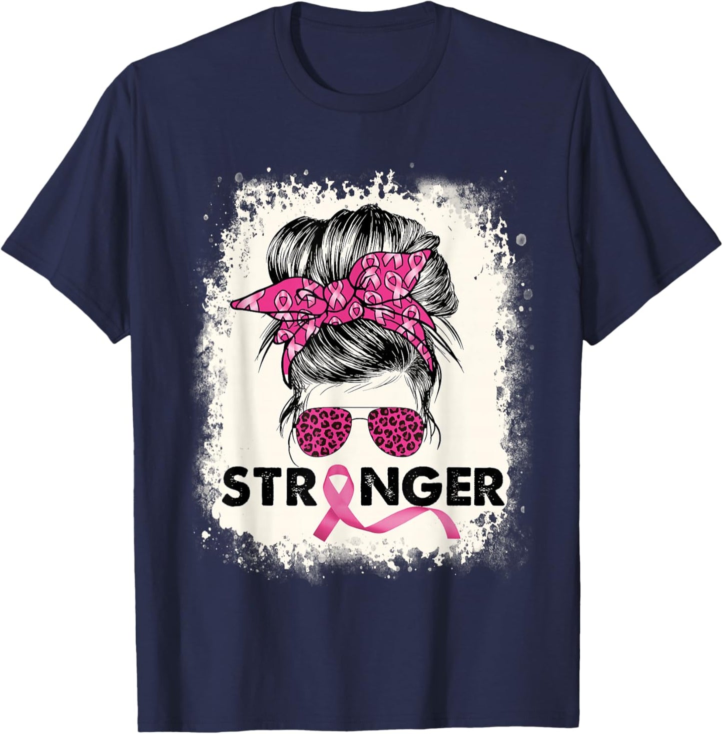 Stronger Messy Bun Breast Cancer Awareness Pink Warrior T-Shirt - T-Shirt | Navy