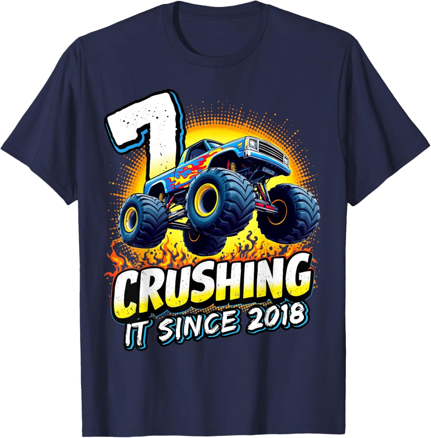 Birthday Monster Truck 7 year Old Boys 7th Party Born 2018 T-Shirt - T-Shirt | Navy