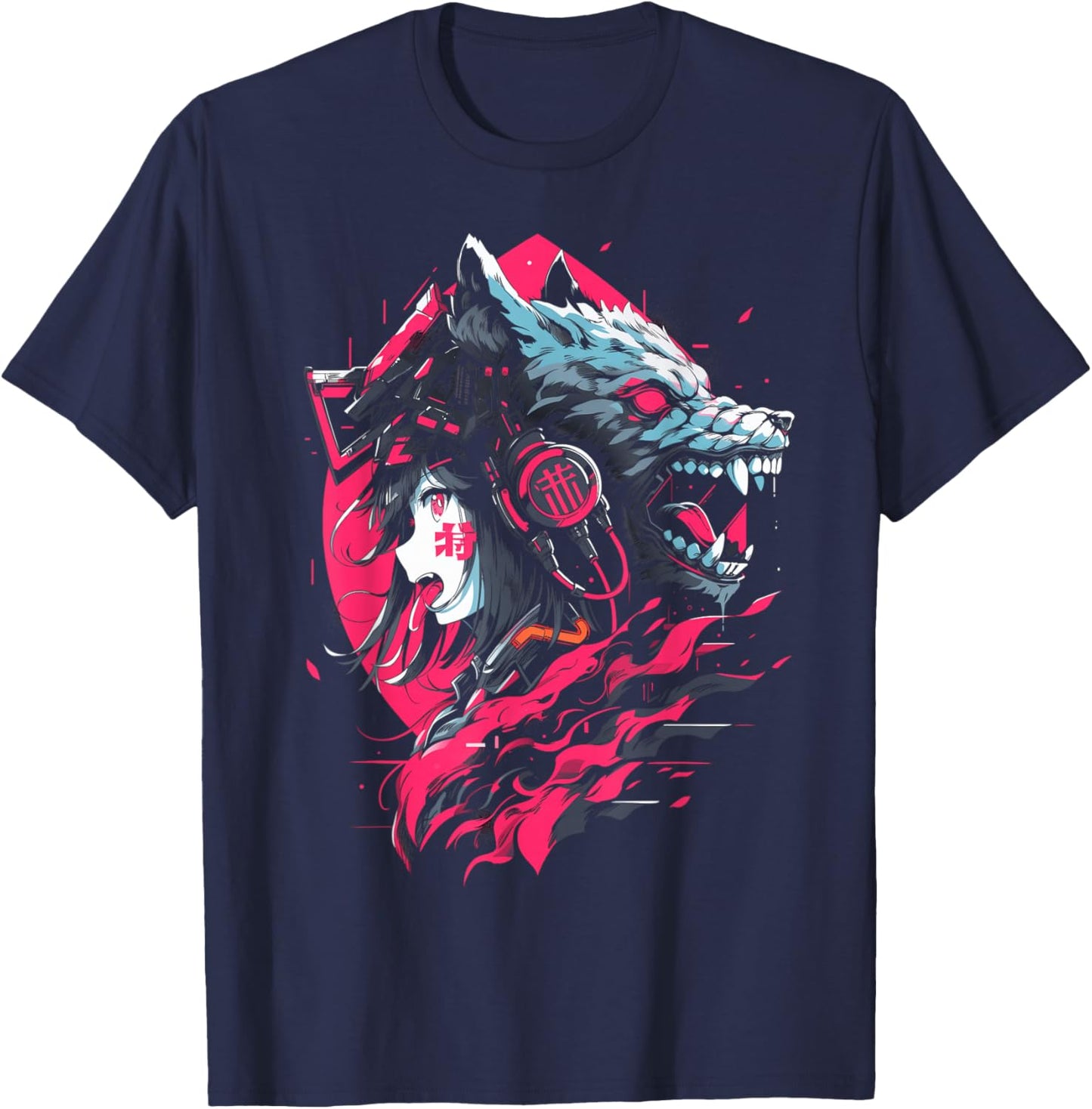 Anime Manga Cyberpunk Aesthetic Techwear Harajuku | Wolf T-Shirt - T-Shirt | Navy