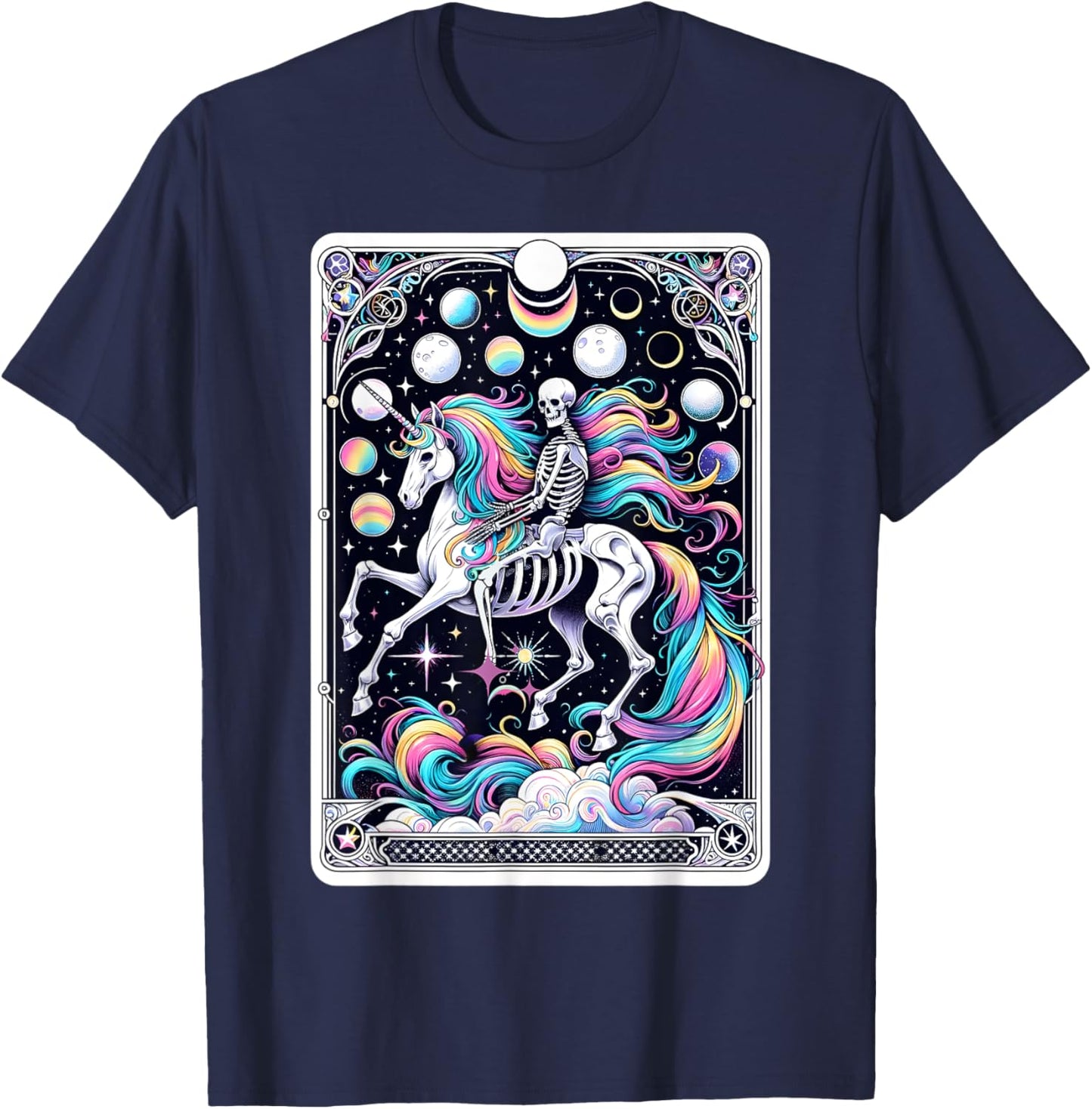 Skeleton Riding Unicorn Tarot Card Celestial Fantasy Art T-Shirt - T-Shirt | Navy