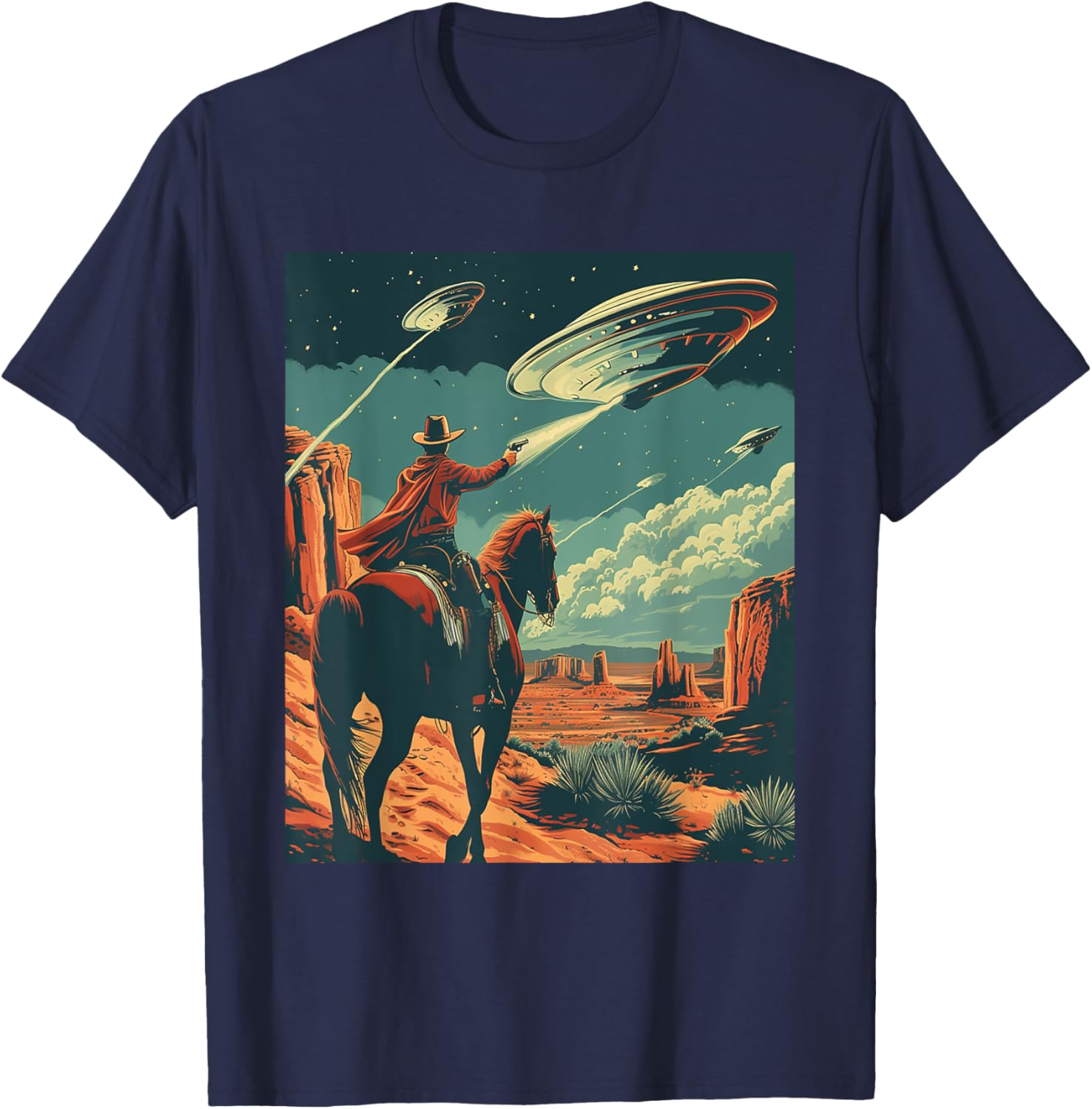 Retro Desert Cowboy Riding Horse Shooting At Space UFO Art T-Shirt - T-Shirt | Navy