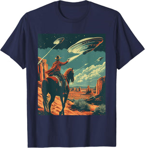 Retro Desert Cowboy Riding Horse Shooting At Space UFO Art T-Shirt - T-Shirt | Navy