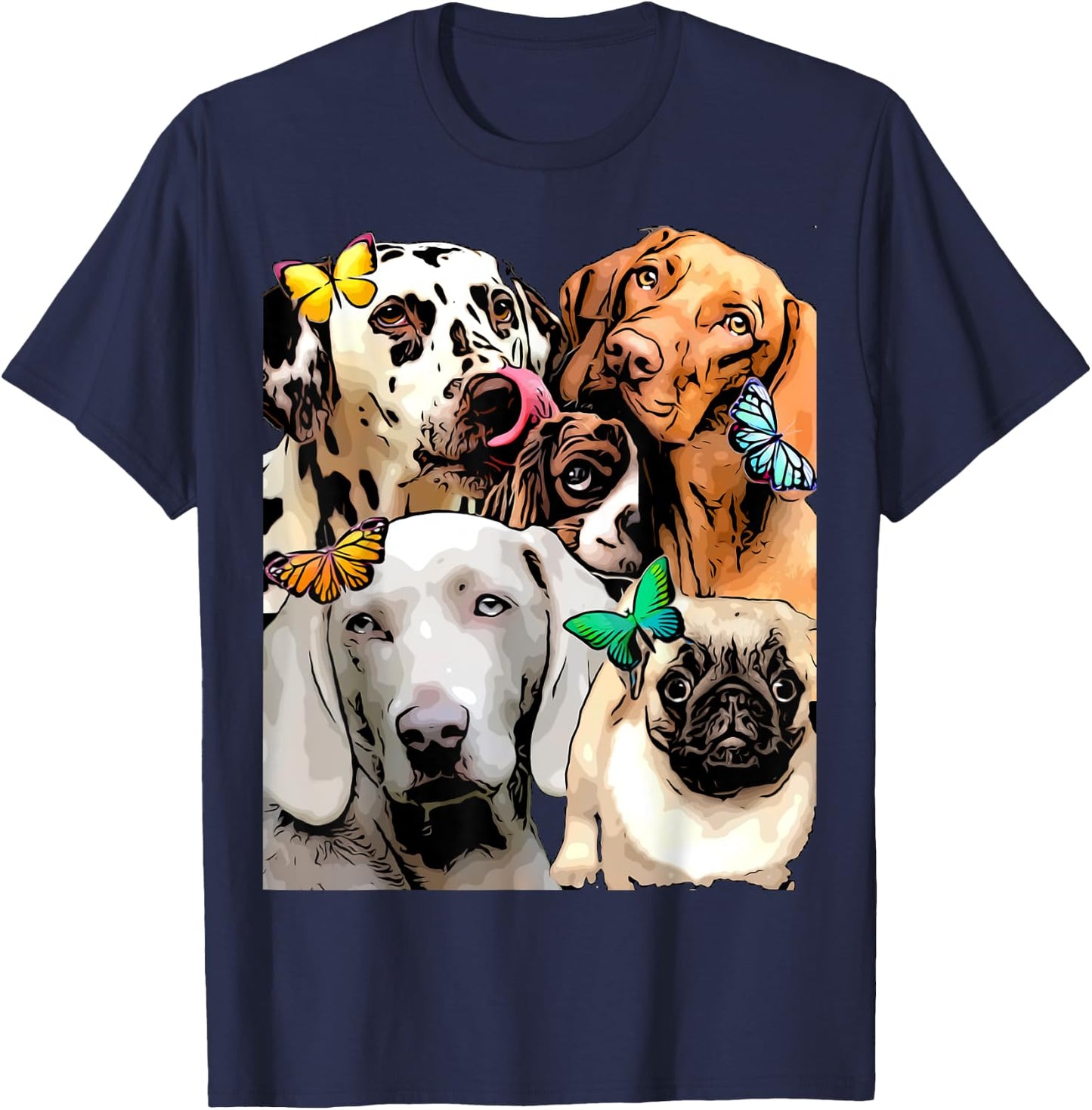 Cute Funny Dogs and Butterflies Graphic Trending Prints T-Shirt - T-Shirt | Navy