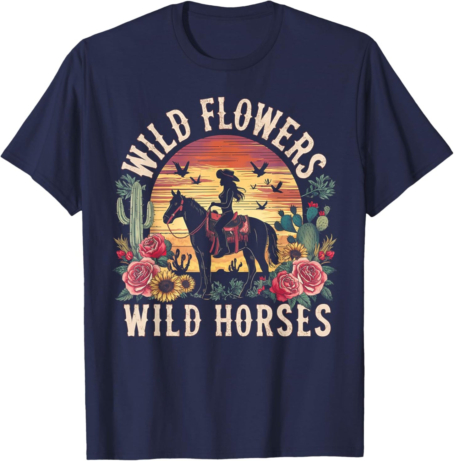 Retro Southern Sunset Cowgirl Wild Flowers Wild Horses T-Shirt - T-Shirt | Navy