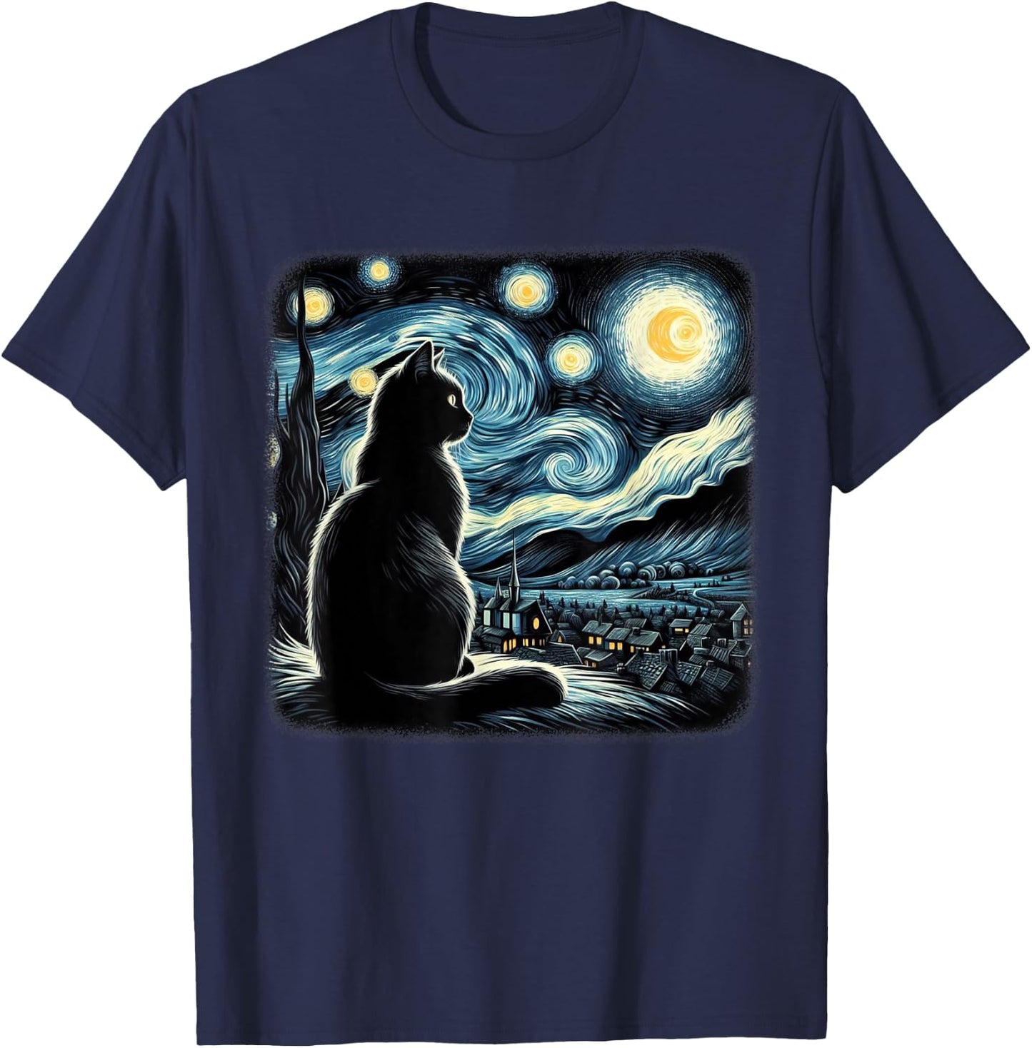 Van Gogh Starry Night Cat Art For Cat Lovers Cat Mom Cat Dad T-Shirt - T-Shirt | Navy