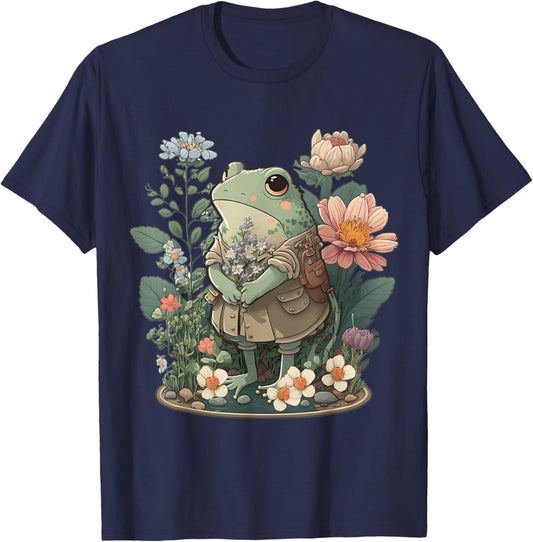 Cute Cottagecore Floral Frog Aesthetic Girls Women Graphic T-Shirt - T-Shirt | Navy