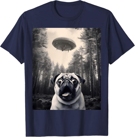 Cool Pug Selfie with UFOs Funny Pug Costume Alien Spaceship T-Shirt - T-Shirt | Navy