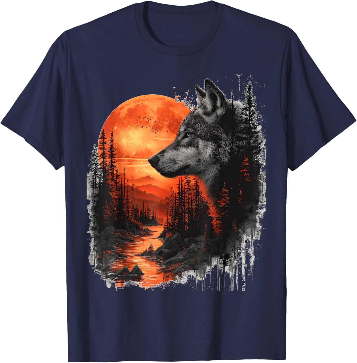 Wolf in front of moon and trees wolves wild animal T-Shirt - T-Shirt | Navy