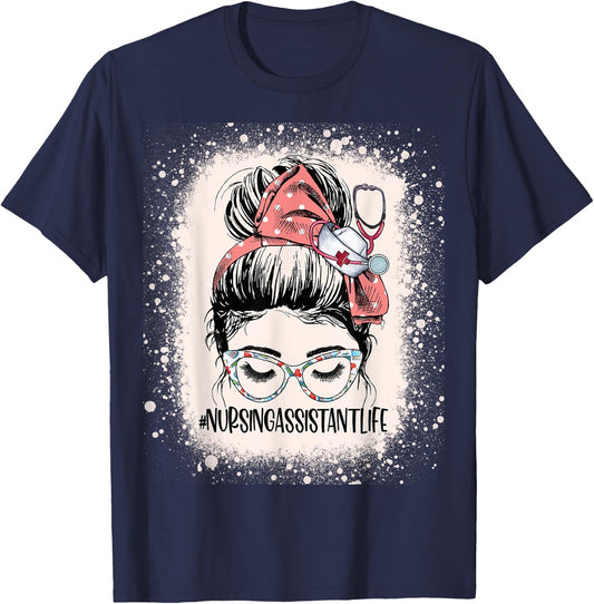 Messy Bun Nursing Assistant Life Women Funny CNA RN Nurse T-Shirt - T-Shirt | Navy