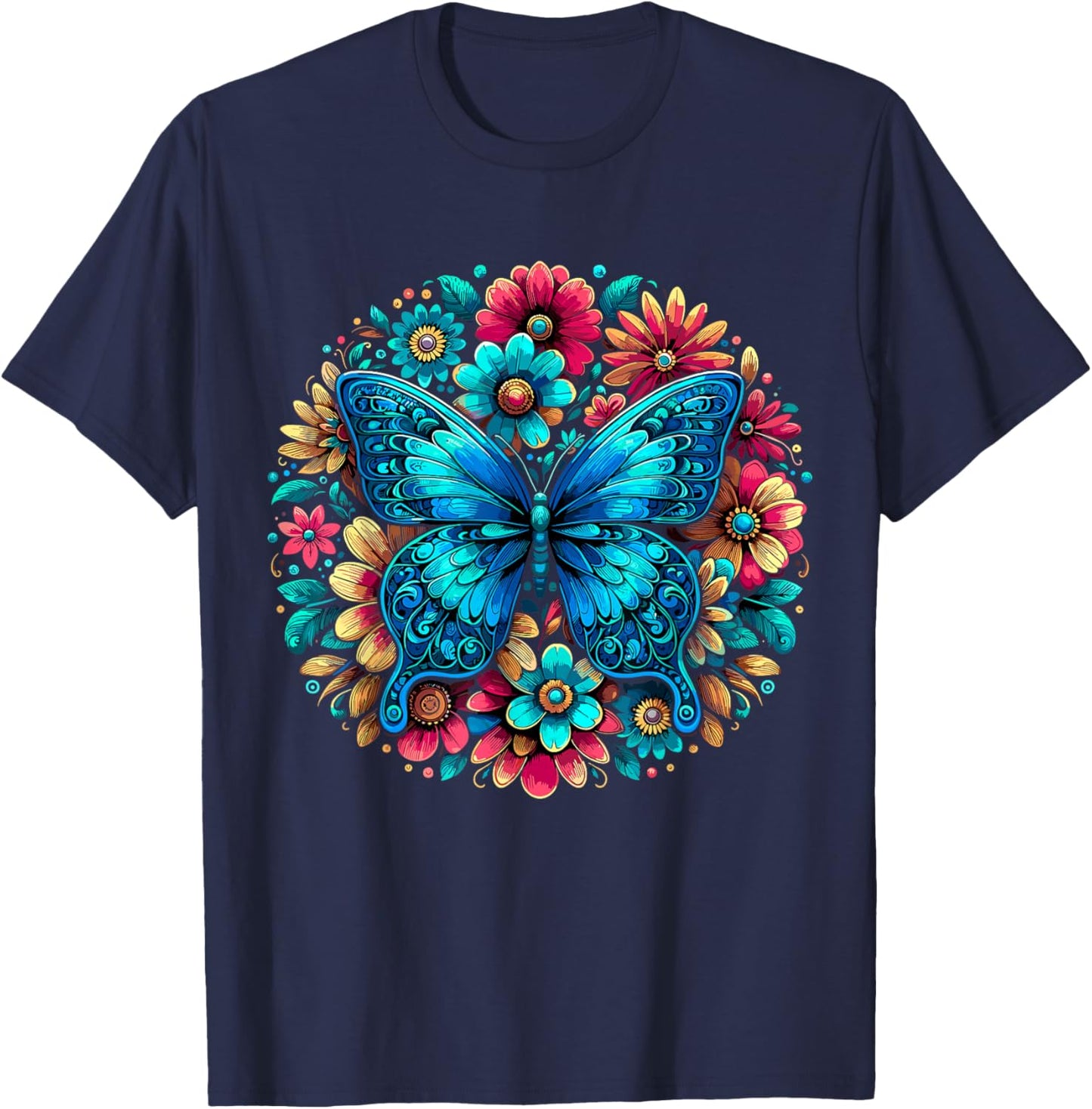 Butterfly With Flowers Aesthetic Butterfly T-Shirt - T-Shirt | Navy