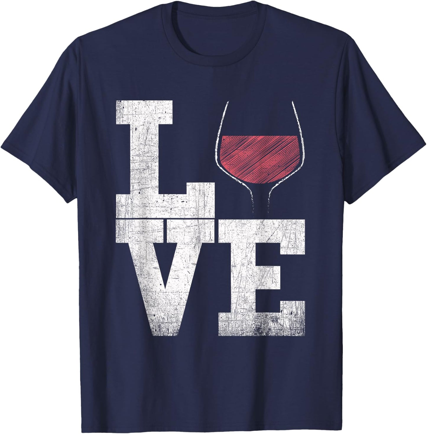 I Love Wine Red Wine Glass Heart - Wine Drinker Distressed T-Shirt - T-Shirt | Navy