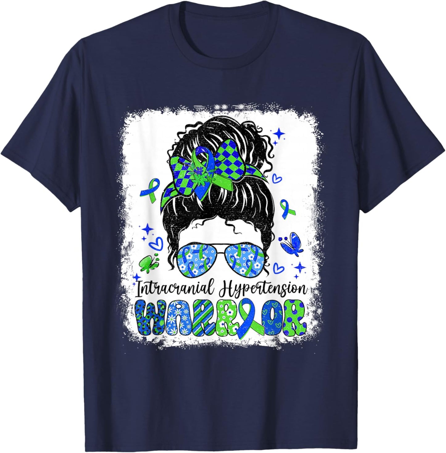Warrior Messy Bun Green Blue Intracranial Hypertension T-Shirt - T-Shirt | Navy