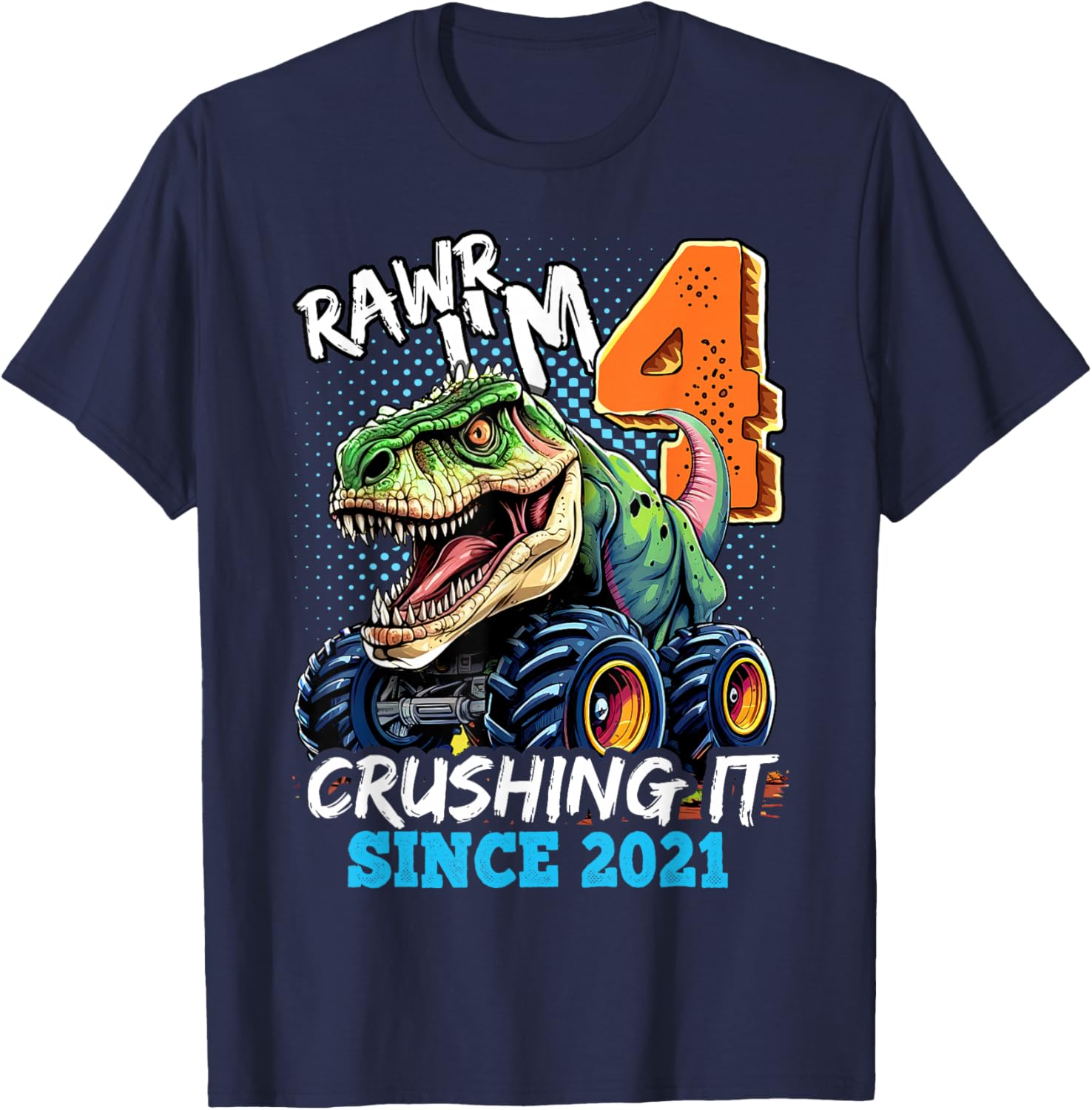 4th Birthday Monster Truck Dinosaur Party Boys Rawr I'm 4 T-Shirt - T-Shirt | Navy