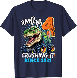 4th Birthday Monster Truck Dinosaur Party Boys Rawr I'm 4 T-Shirt - T-Shirt | Navy