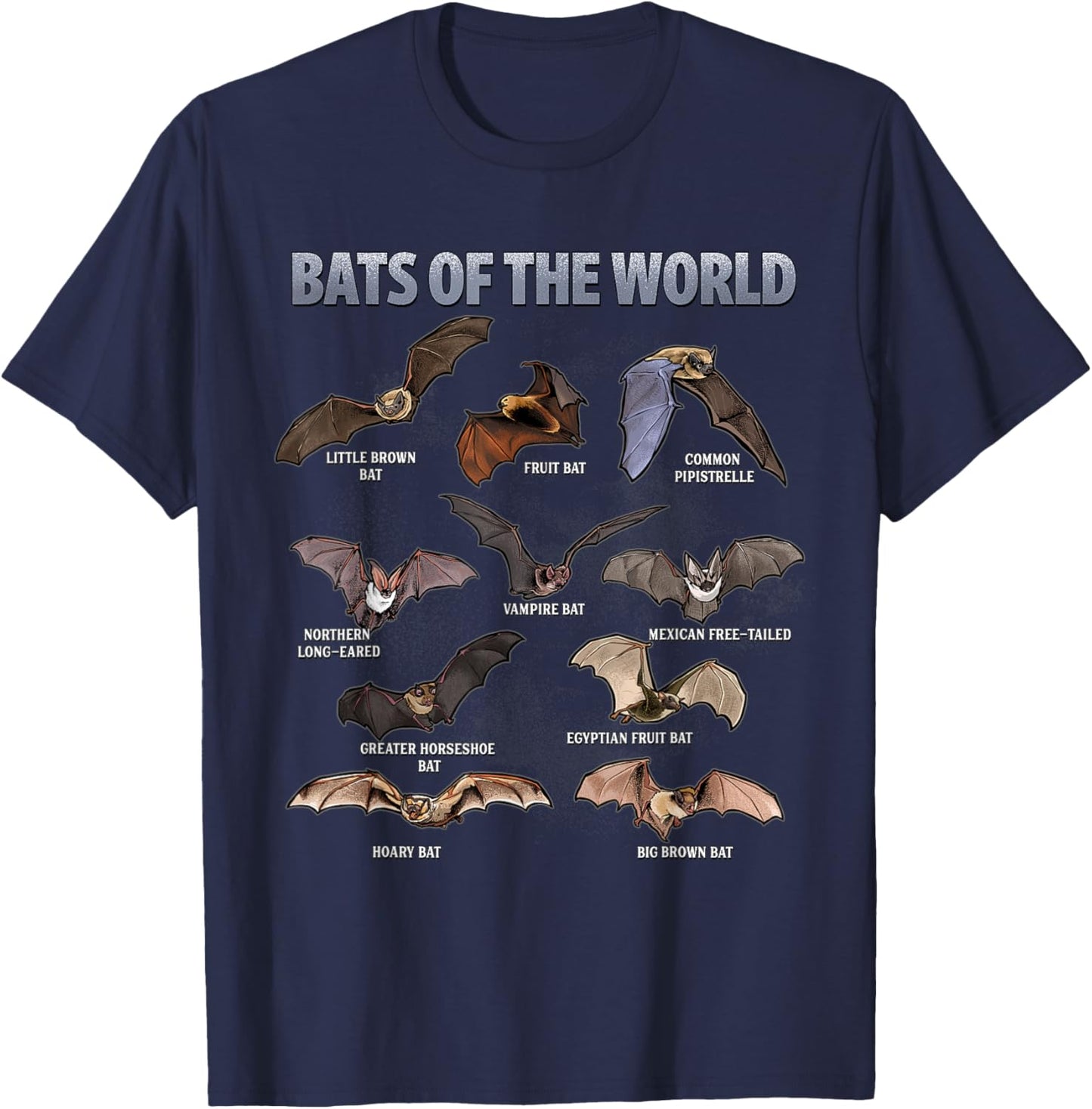 Bats of the World Educational Bat Species Chart T-Shirt - T-Shirt | Navy