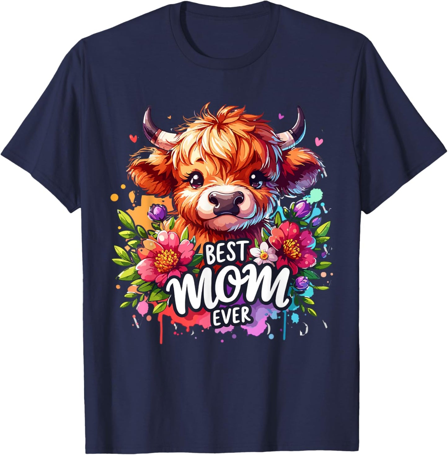 Best Mom Ever Highland Cow Floral Mother's Day T-Shirt - T-Shirt | Navy
