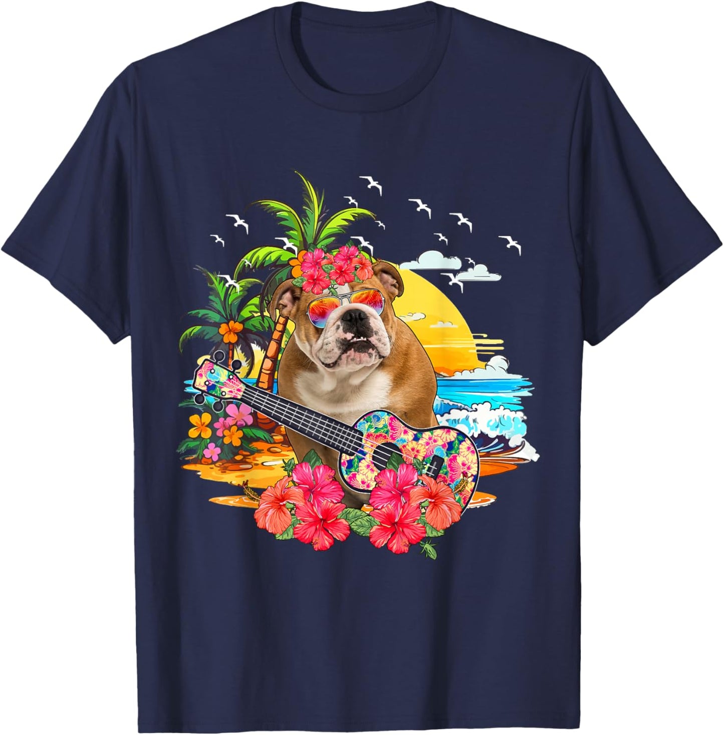 Hawaiian Floral Bulldog Sunglasses Playing Guitar On Beach T-Shirt - T-Shirt | Navy