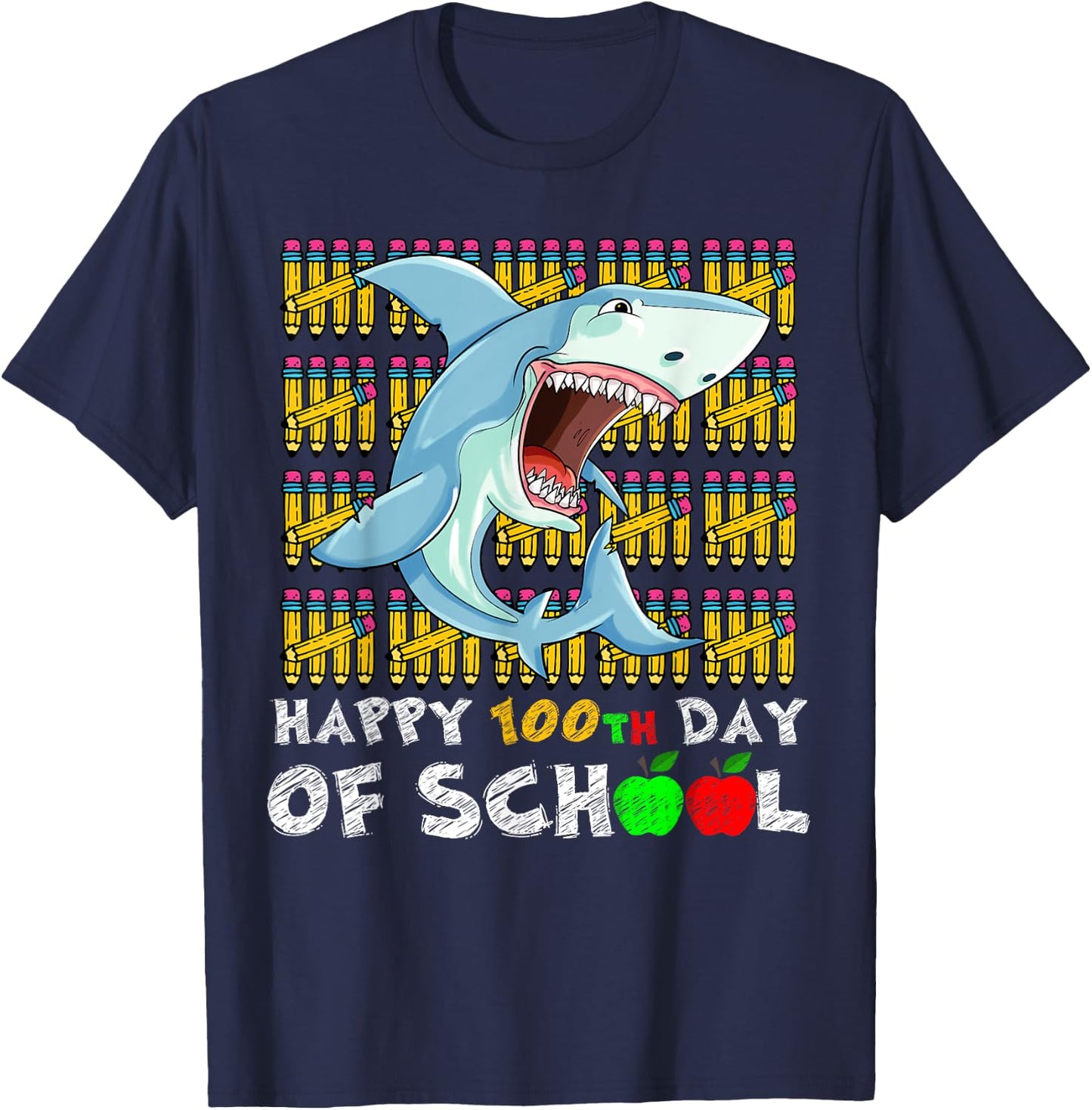 Happy 100th Day Of School Shark Funny Teacher Student Kids T-Shirt - T-Shirt | Navy