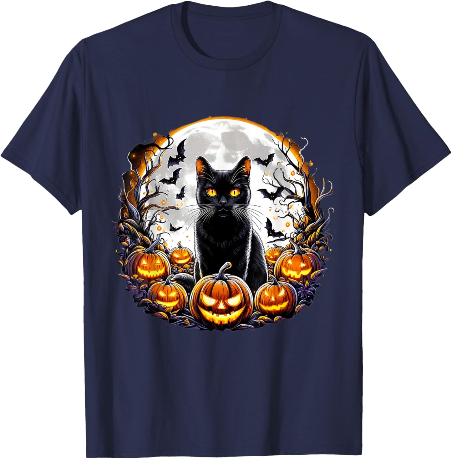 Black Cat Halloween Full Moon Bat Pumpkin Night Scary Women T-Shirt - T-Shirt | Navy