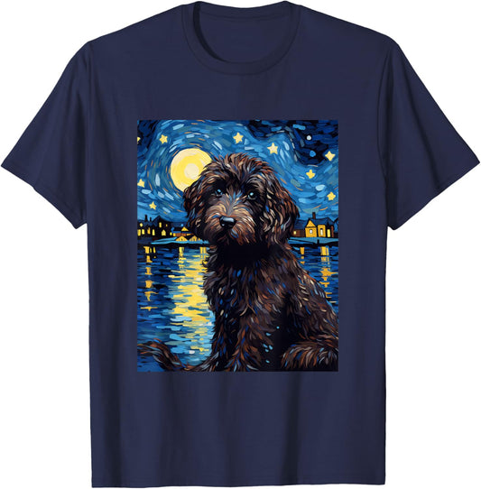 Portuguese Water Dog Starry Night Van Gogh T-Shirt - T-Shirt | Navy